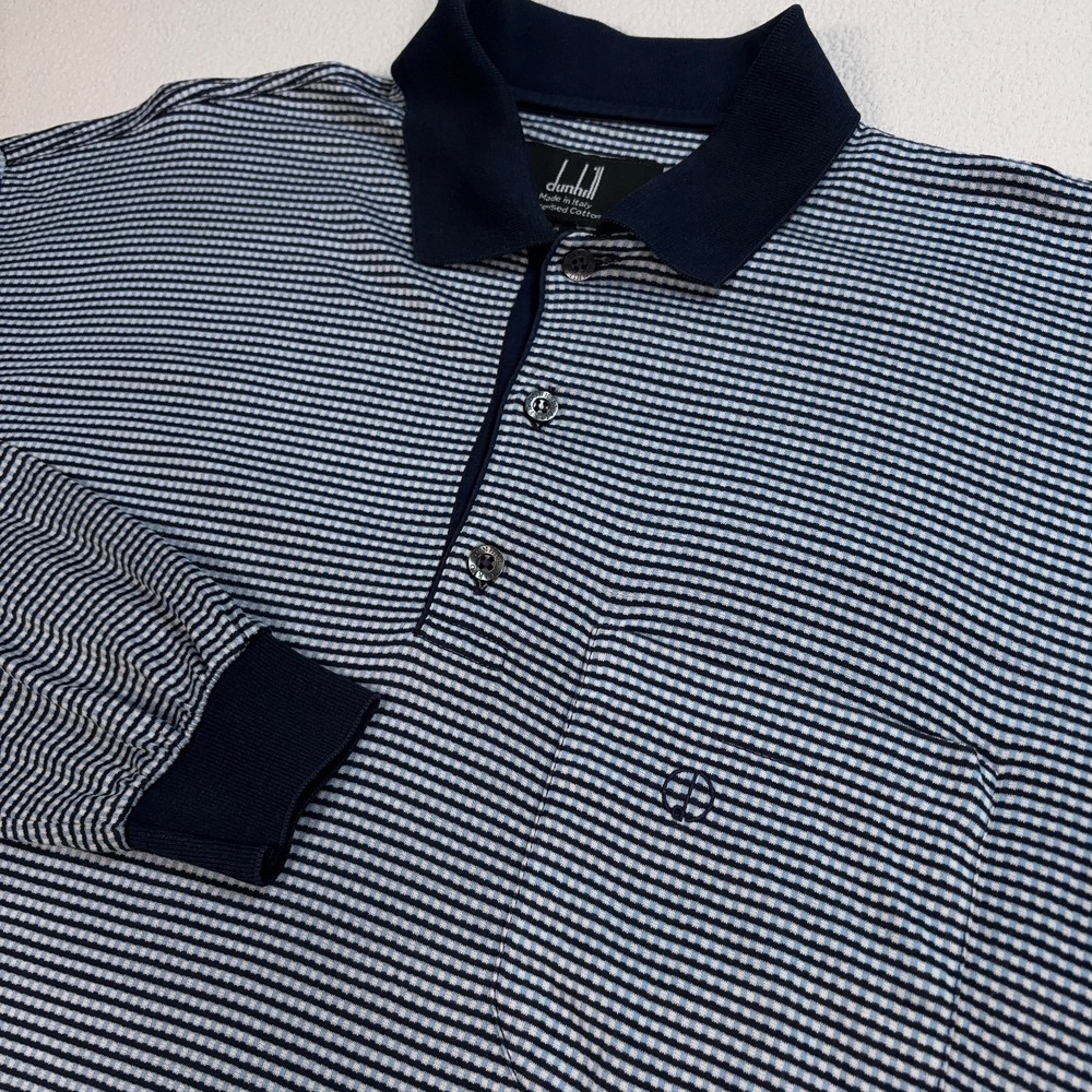 Dunhill Polo Shirt Mens S Navy Micro Stripe Plaid Pocket Mercerised Cotton Italy